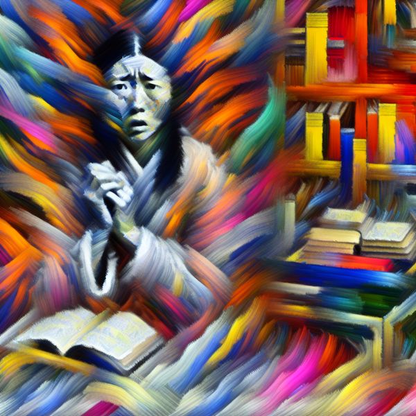 Abstract expressionistisch schilderij van een vermoeide maar vastberaden vrouw in een chaotische en kleurrijke omgeving die beweging en energie uitstraalt.