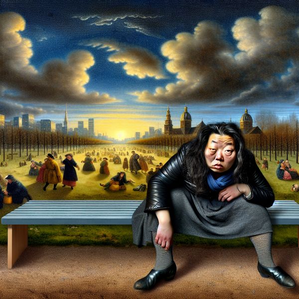 Vermoeide vrouw op parkbank na werkdag Een vermoeide vrouw zit op een parkbank na een lange werkdag, met een dramatische lucht op de achtergrond.
