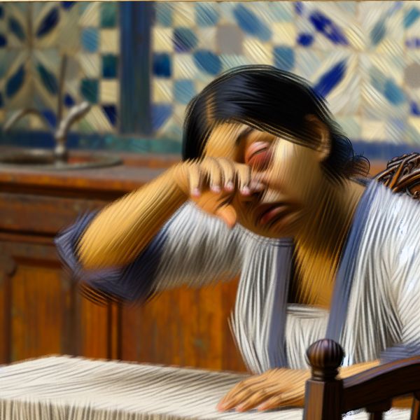 Vermoeidheid en frustratie: Iemand wrijft in hun ogen Een vermoeide persoon zit aan een houten tafel en wrijft in hun ogen in een vervaagde keuken op de achtergrond.