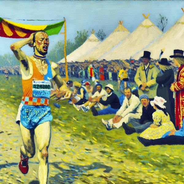 Vermoeiende Marathon Finish: Triomfantelijke Hardloper Een uitgeputte hardloper steekt de finishlijn over na een marathon, zichtbaar moe maar ook triomfantelijk, met supporters op de achtergrond.