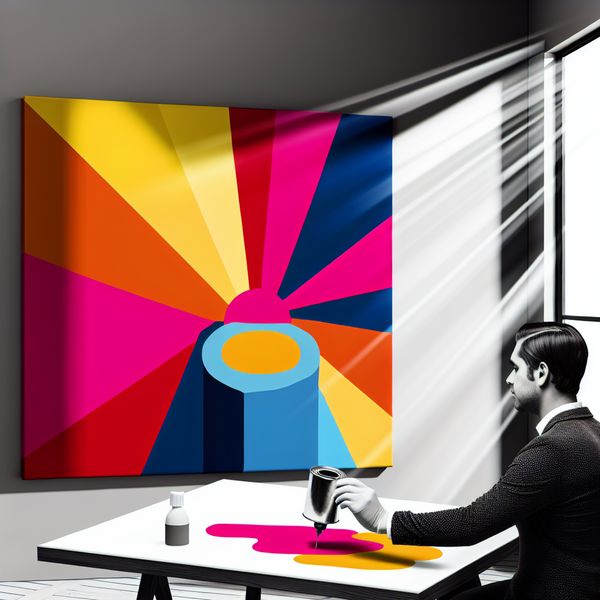 Een kunstenaar die een heldere vernis aanbrengt op een canvas in een minimalistische kunststudio, met een kleurpalet vol diepe, levendige kleuren.