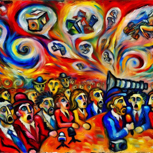 Veronderstellen en speculeren: abstracte weergave van mogelijke oorzaken Abstracte voorstelling van journalisten die verschillende oorzaken van een ongeval veronderstellen, met surrealistische beelden in gedachtebellen en een chaotische, kleurrijke achtergrond in de stijl van Karel Appel