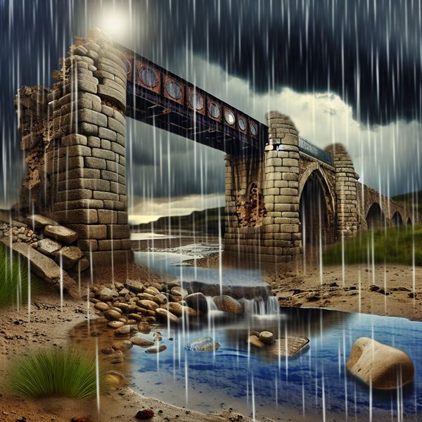 Een hyperrealistisch beeld van een verouderde brug die door zware regen in verval geraakt, met donkere wolken en plassen eronder.