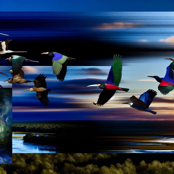 Verplaatsen van vogels in de lucht tijdens migratie Een groep vogels die elegant door de lucht vliegt tijdens hun migratie, tegen een achtergrond van een blauwe lucht die overgaat in de kleuren van de zonsondergang.