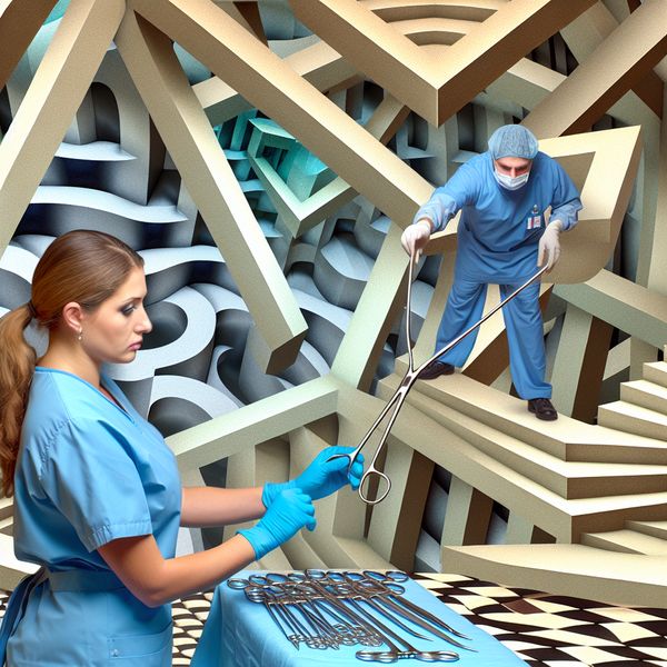 Een verpleegkundige helpt een arts tijdens een operatie in een surrealistisch ziekenhuis met geometrische vormen en optische illusies.