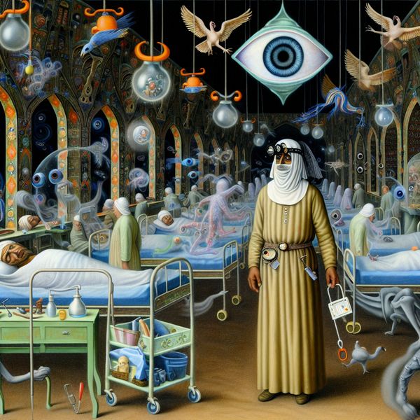 Verpleegkundige op nachtdienst in surrealistisch ziekenhuis - wacht en zorg in Bosch-stijl Surrealistisch nachtelijk ziekenhuis met verpleegkundige op wacht, omringd door dromerige en bizarre details in de stijl van Jheronimus Bosch