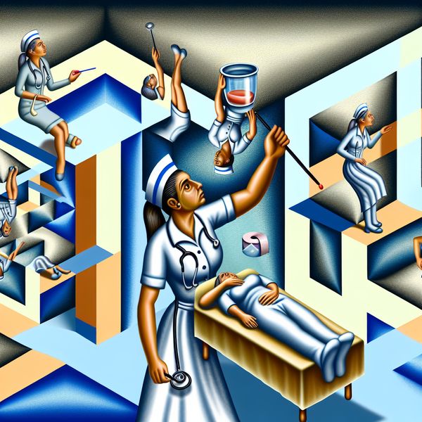 Surrealistische Verpleegkundige met Geometrische Vormen Surrealistische afbeelding van een verpleegkundige die patiëntenzorg biedt, omgeven door geometrische vormen en illusies.