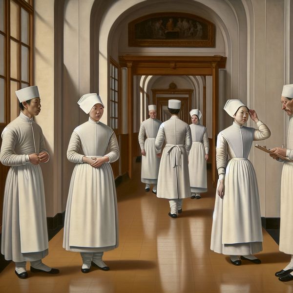 Gedetailleerde schilderij van verpleegkundigen in witte uniformen in een ziekenhuisgang, symboliserend het beroep van verpleegkundige