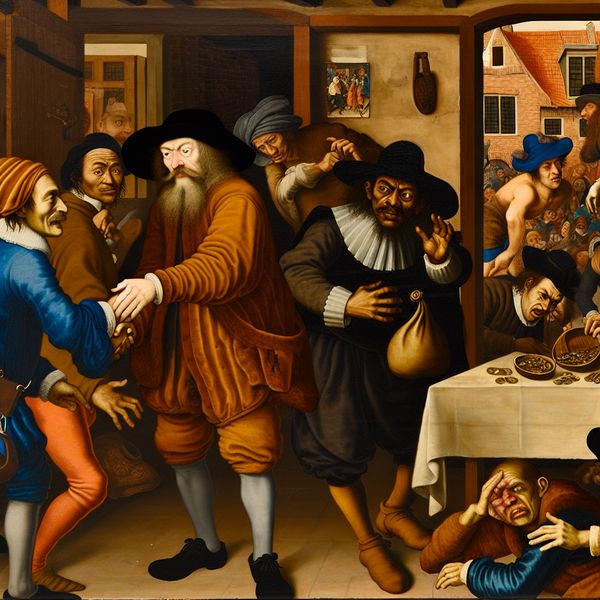 Verraad in een 17e-eeuws taverne-tafereel door Jan Steen - Nederlandse spreekwoorden en taal leren 17e-eeuwse Nederlandse taverne-scène van Jan Steen met een man die zijn vriend verraadt voor geld, terwijl een sportwedstrijd met vals spel op de achtergrond te zien is