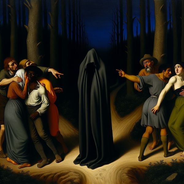 Dark Scene van Verraad en Lafheid in het Bos Een eenzame persoon in een donkere, gloomy bosomgeving, gekleed in een schuilende cloak, staat bij een kruispunt en kijkt weg van een groep bevriende maar bezorgde mensen, symboliserend verraad en lafheid.
