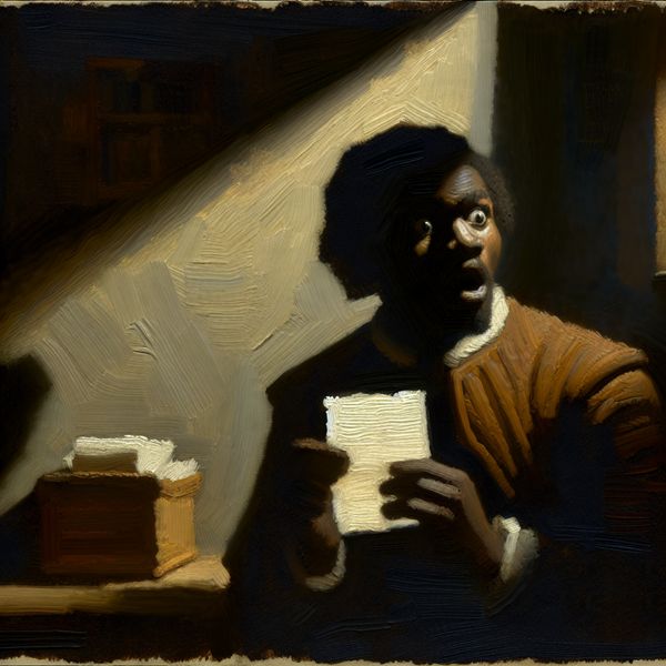 Verrassende Ontvangst in Rembrandt-stijl Student in een kleine, schemerige kantoorruimte die verrast kijkt naar een ontvangen briefje, weergegeven in Rembrandt-stijl.