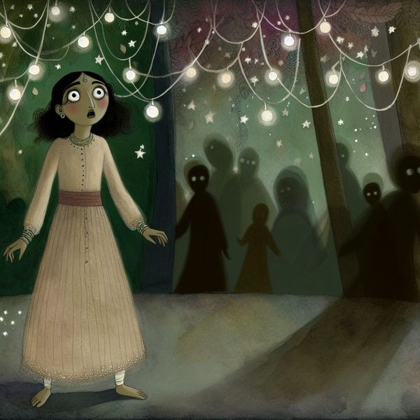 Een jonge vrouw in een betoverd bos met een geschrokken uitdrukking, omringd door hangende fairy lights.