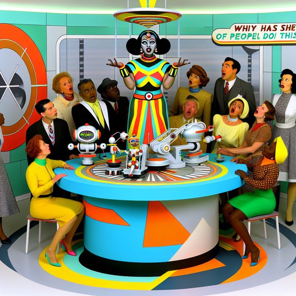 Verrassing in een retro-futuristische sociale setting Groep van verbaasde mensen rondom een tafel vol futuristische gadgets, terwijl een vrouw dressed in een eccentric outfit kleurrijke robots jongleert.