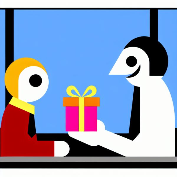 Onverwacht extraatje: verrassing op de werkvloer in Dick Bruna-stijl Verrassingsmoment op kantoor: een blije medewerker ontvangt een kleurrijk cadeautje van haar glimlachende baas in minimalistische Dick Bruna-stijl