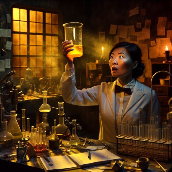 Verraste wetenschapper in laboratorium met gloeiende beker Een verraste wetenschapper in een rommelige laboratorium, kijkt naar een gloeiende beker met een mysterieuze vloeistof.