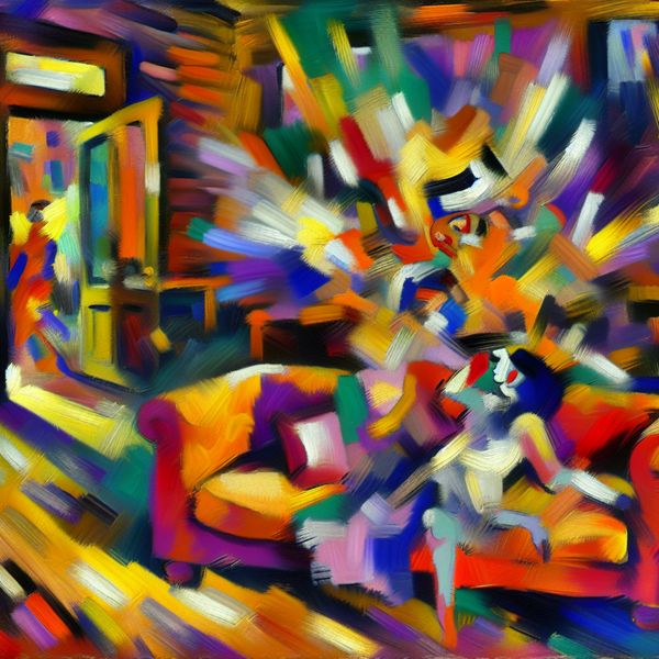 Verrassingsbezoek in een Vrolijke Woonkamer Abstracte abstractie van een verrassingsbezoek met vrolijke kleuren en dynamische penseelstreken in een woonkamer.