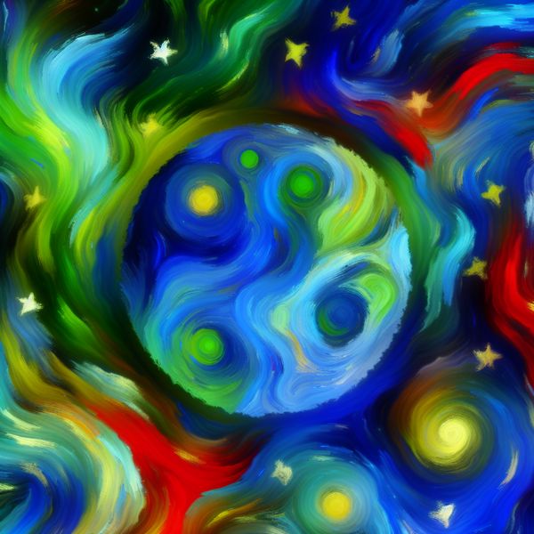Verre aarde-achtige planeet in abstracte stijl - ruimte en planeten leren Abstracte voorstelling van een verre aarde-achtige planeet met kleurrijke, expressieve penseelstreken en speelse kosmische elementen