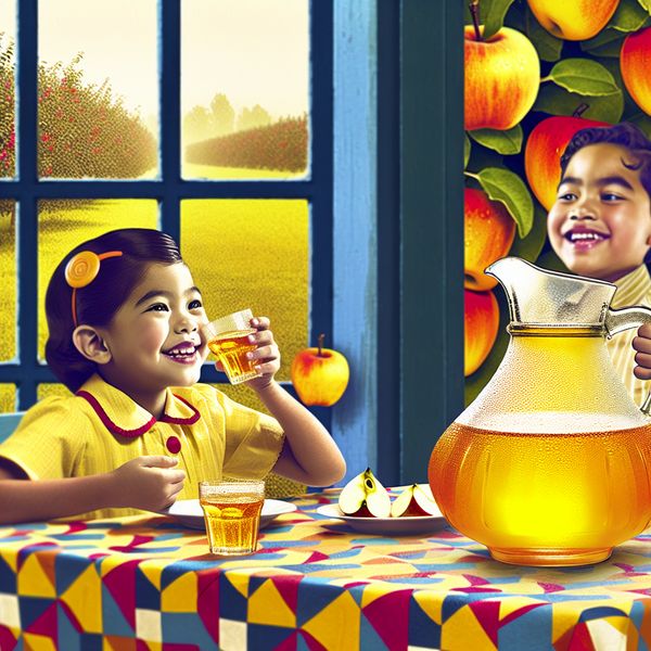 Twee kinderen genieten van vers appelsap uit een glazen kan tijdens een gezellig retro-ontbijt met uitzicht op een appelboomgaard