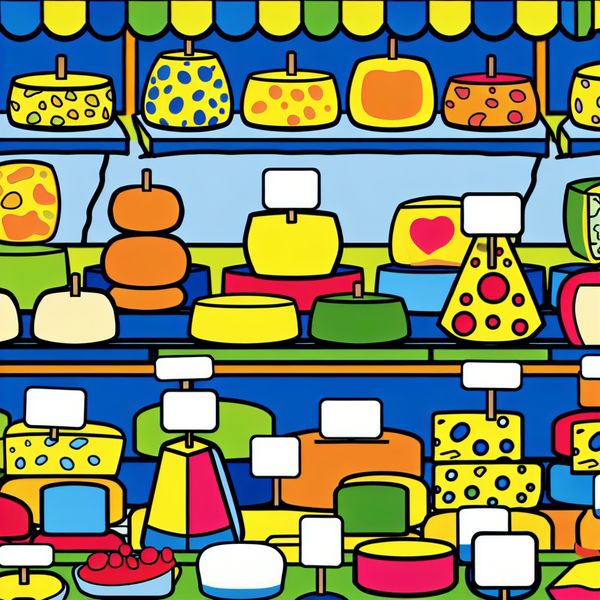 Minimalistische marktkraam met diverse kazen in Dick Bruna-stijl, illustratie van verscheidenheid