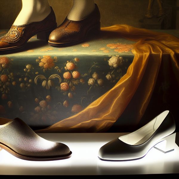 Vergelijking van schoenkwaliteit tussen merken Twee paar schoenen van verschillende merken op een delicate display tafel, waarbij het ene paar ornately is ontworpen en de andere meer basic is.