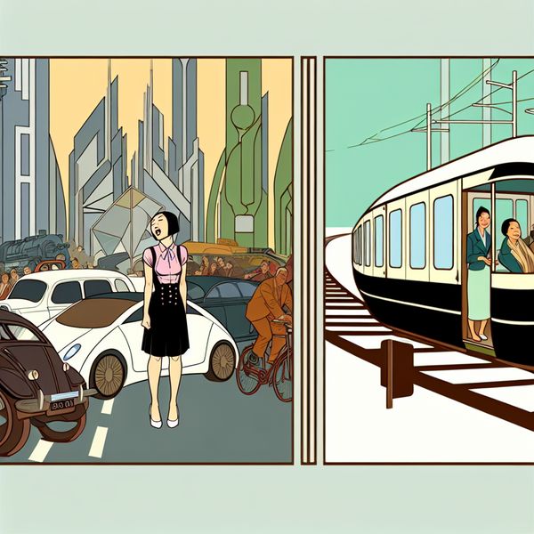 Verschil maken in reistijd: auto versus trein in retro-futuristische stijl Retro-futuristische illustratie van twee vervoersscènes naast elkaar: links frustratie in file met auto, rechts geluk op gestroomlijnde trein