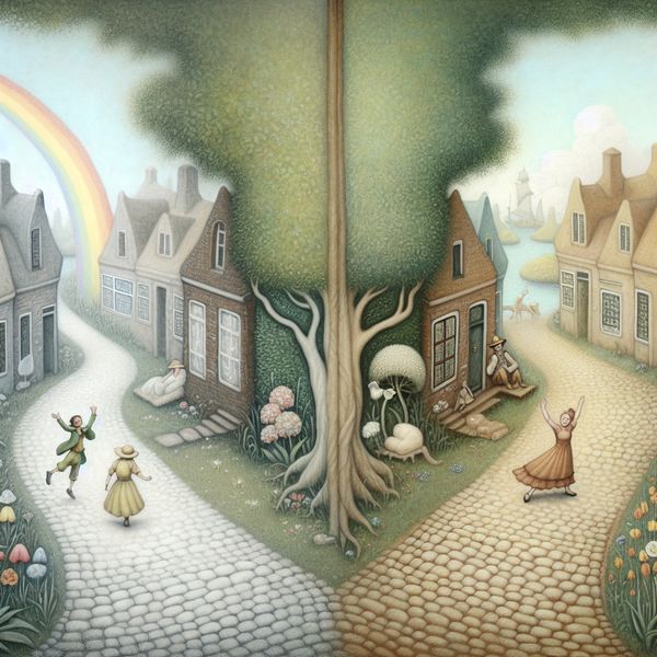 Betekenis van verschil in geluk - sprookjesillustratie voor taalonderwijs Twee gelukkige figuren op verschillende paden in een sprookjesachtig dorp, illustrerend dat het niet uitmaakt hoe groot het verschil is