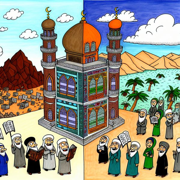 Cartoon van twee moskeeën naast elkaar die verschillende interpretaties van de islamitische wetten (Sharia) laten zien, met een strenge imam in Saoedi-Arabië en een vriendelijke imam in Indonesië