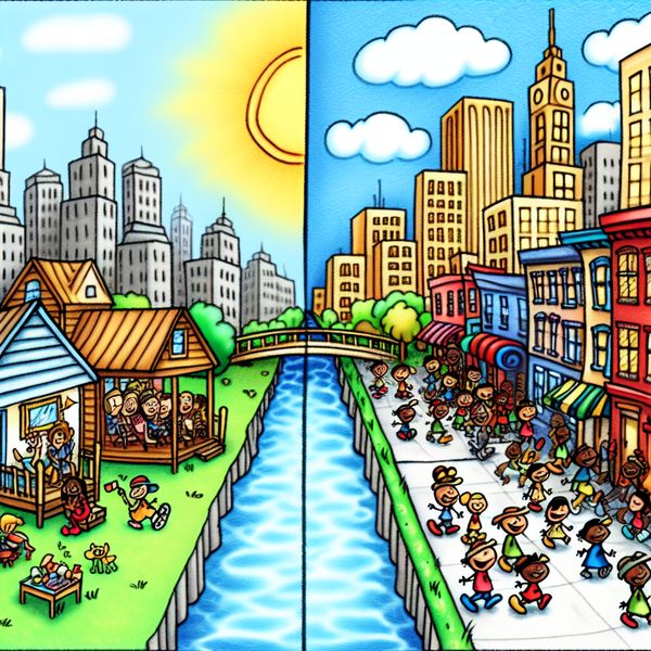 Verschillende Steden Cartoon: Quaint en Druk Een vrolijke cartoonafbeelding van twee verschillende steden naast elkaar, met een brug en een rivier ertussen.
