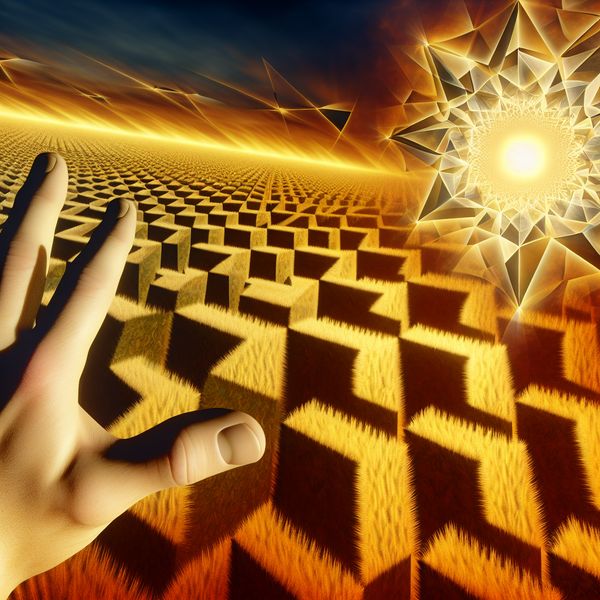 Surrealistische illustratie van een hand die een gloeiende geometrische pan aanraakt in een door hitte verschroeid landschap, geïnspireerd op M.C. Escher