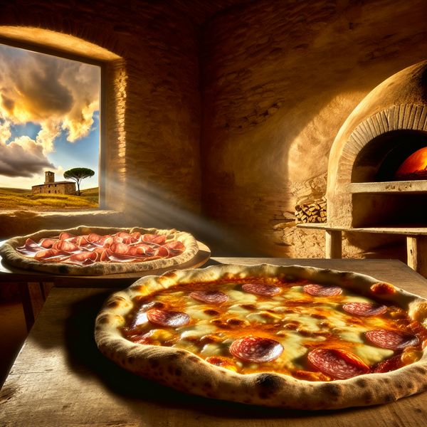 Italiaanse pizza bakken in traditionele keuken met steenoven en landelijk uitzicht Versgebakken Italiaanse pizza met salami op houten tafel in rustieke keuken met traditionele steenoven en dramatische lucht