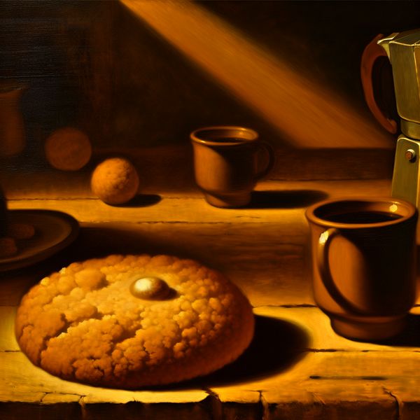 Versgebakken koek met koffie op een houten tafel Een versgebakken koek met een glanzende glazuur, omringd door koffie en een stoompot, op een rustieke houten tafel