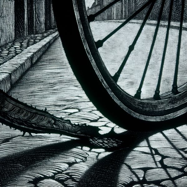 Versleten fietsband met platte band: symboliek van verval en urgentie Gedetailleerde illustratie van een versleten fietsband met platte en beschadigde rubberen buitenband, contact makend met de weg