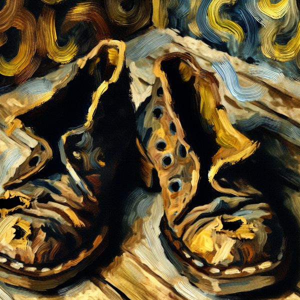 Versleten schoenen schilderij Van Gogh-stijl voor taalonderwijs Schilderij in Van Gogh-stijl van een paar versleten schoenen met gaten en rafels op een houten vloer