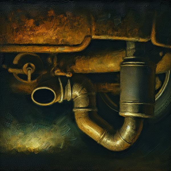 Versleten uitlaatpijp auto in Rembrandt-stijl schilderij met rook en schaduwen Gedetailleerde Rembrandt-stijl schildering van een versleten uitlaatpijp onder een klassieke auto met rook, benadrukt door dramatische belichting
