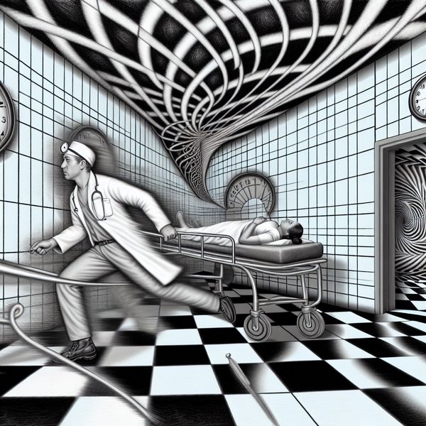 Surrealistische ziekenhuisscène in M.C. Escher-stijl met een haastige arts die een proces versnelt, met optische illusies van snelheid en geometrische patronen