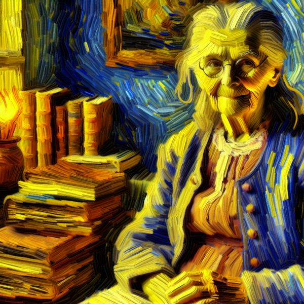 Portret van een verstandige oudere vrouw met een serene uitdrukking, omringd door boeken in een zonnige kamer, geschilderd in Van Gogh-stijl met dikke penseelstreken en warme kleuren