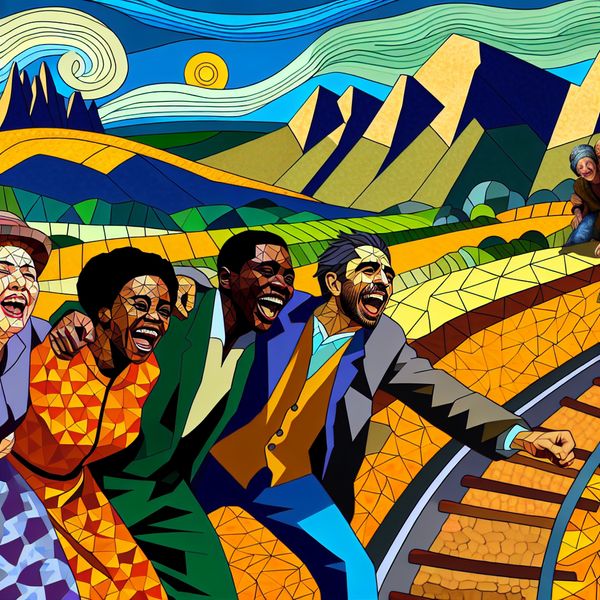 Versterk Vriendschappen Door Reiservaringen Diverse vrienden verkennen samen een kleurrijk landschap, lachend en genietend van hun vriendschap, in retro-futuristische stijl.