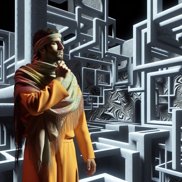 Verstrikt in een Surrealistische Labyrint Een hyper-realistisch beeld van een persoon die verstrikt is in een complexe en surrealistische omgeving, met labyrinthachtige architectuur en intrikate details.