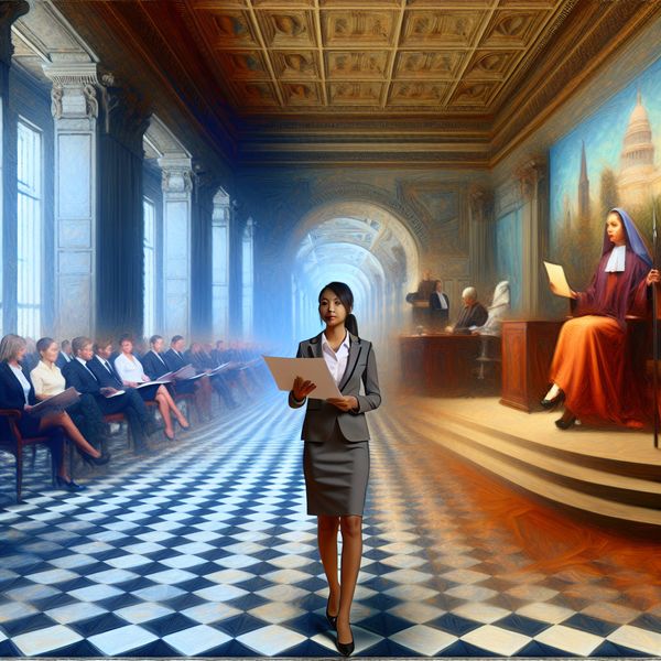 Vertaler-tolk beroep: dubbele rol in juridische en zakelijke context Hyperrealistische surrealistische voorstelling van een professionele vrouw die werkt als vertaler-tolk in een monumentale rechtszaal of kantooromgeving, met symbolische taferelen van rechtspraak en zakelijke onderhandelingen