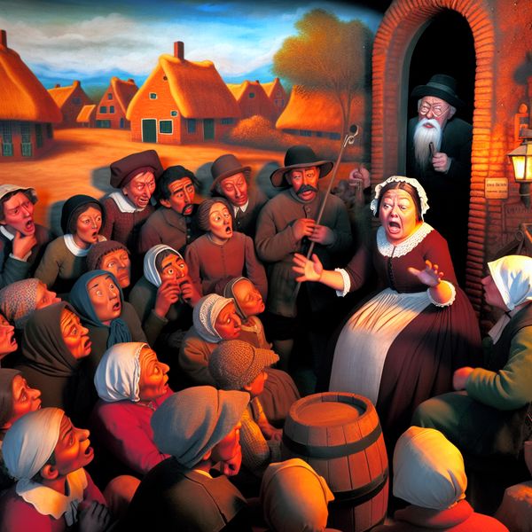 Verteller in een drukke Nederlandse scène Een groep mensen luistert gefascineerd naar een verteller in een rustieke Nederlandse omgeving, met verschillende gezichten van schok en verdriet.