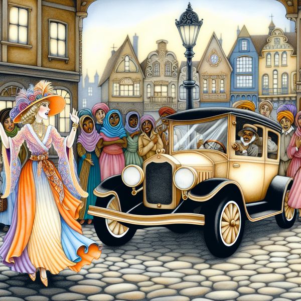 Vertoning met vintage auto: indruk maken in nostalgische sfeer Persoon maakt indrukwekkende vertoning met glanzende vintage auto in nostalgische stadsscène, omringd door bewonderende toeschouwers