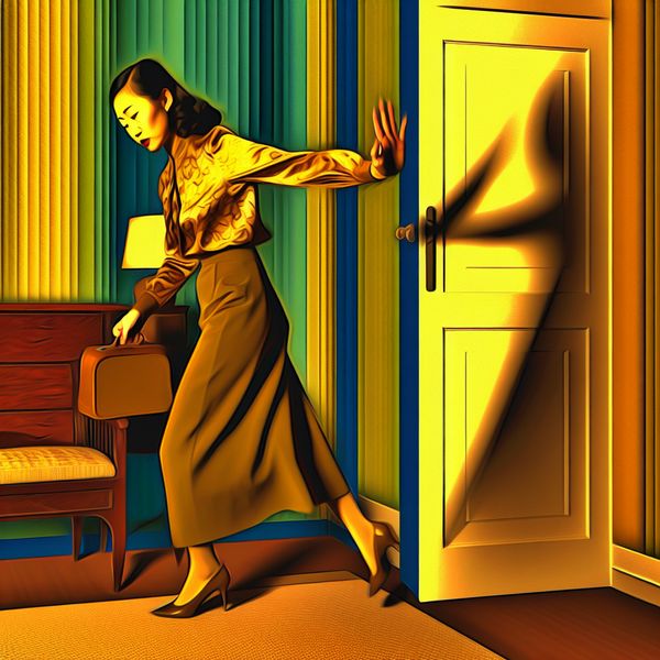 Retro illustratie van iemand die vertrekt in woede - taal leren Nederlands Illustratie van een persoon die boos een retro woonkamer verlaat, met uitgestrekte arm en gefrustreerde blik, in een stijl geïnspireerd op Jan van der Veken