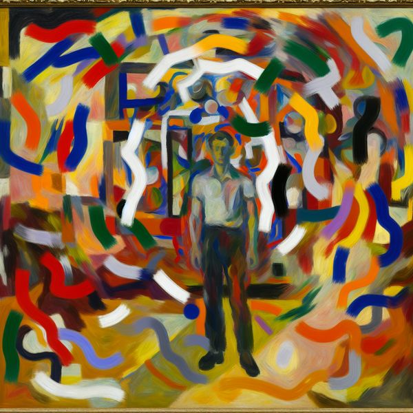 Vertrouwd zijn in een Chaotische Abstracte Omgeving Abstract expressionistische schildering met een persoon in een chaotische omgeving van energieke penseelstreken.