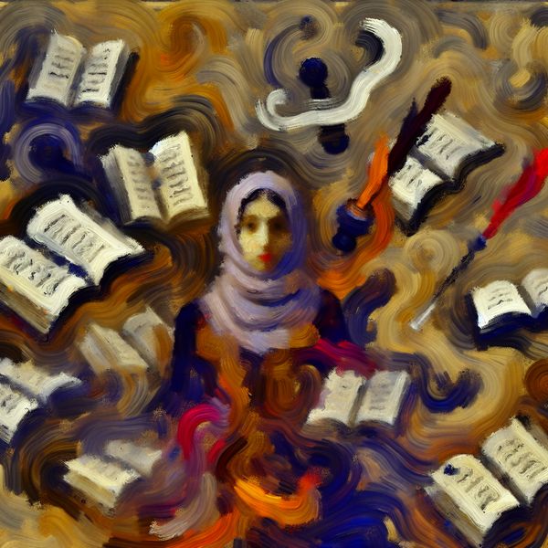 Vertrouwdheid met literatuur - abstract expressionistische voorstelling Abstract expressionistische voorstelling van een vrouw omringd door Nederlandse literaire elementen, symbool voor vertrouwdheid met een onderwerp