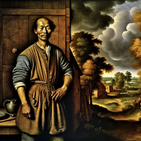 Vertrouwde man in Nederlands landschap - informele benaming voor volwassen man Een vertrouwde volwassen man met een ruige uitstraling staat voor een houten deur in een 17e-eeuws Nederlands landschap, geschilderd in de stijl van Jacob van Ruisdael