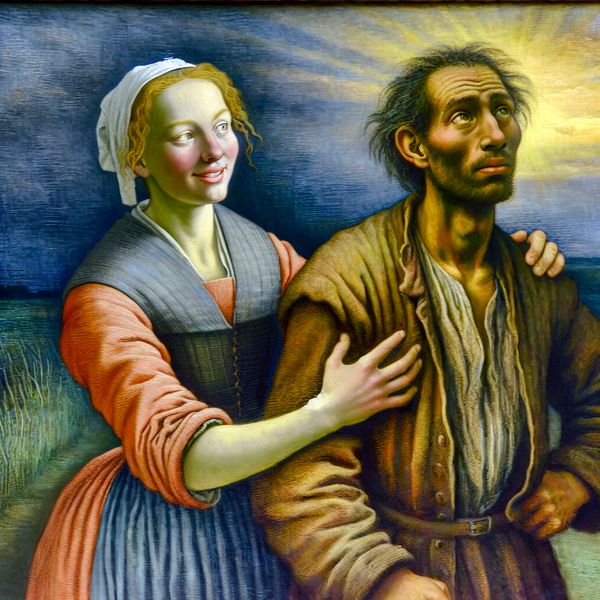 Vertrouwen en overtuiging in schilderkunst - Frans Hals stijl met symboliek van hoop Twee personen in een warm schilderij in de stijl van Frans Hals, waarbij de ene persoon vertrouwen uitstraalt door een hand op de schouder van de ander te leggen, met een opkomende zon op de achtergrond als symbool van hoop en overtuiging