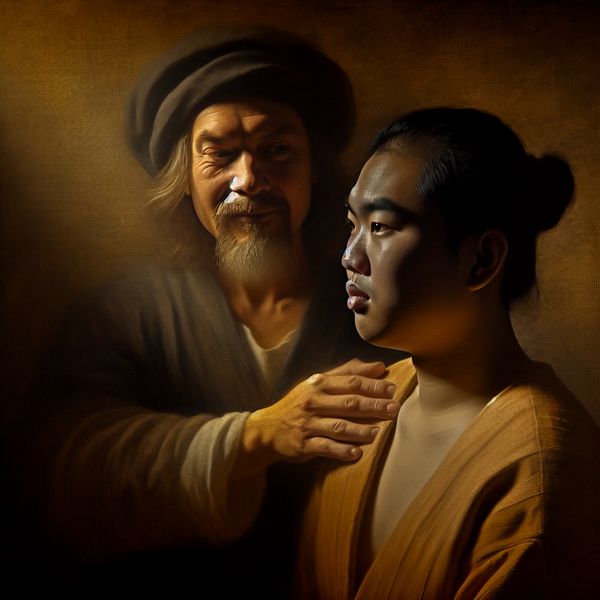 Twee personen in een emotioneel moment van vertrouwen en overtuiging, geschilderd in Rembrandt-stijl met warm licht en donkere achtergrond