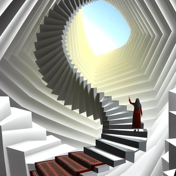 Vertrouwen en hoop op een betere toekomst - surrealistische trap met optische illusie Persoon die met vertrouwen een onmogelijke trap opkijkt naar een heldere horizon, symbolisch voor hoop en vertrouwen in de toekomst in de stijl van M.C. Escher