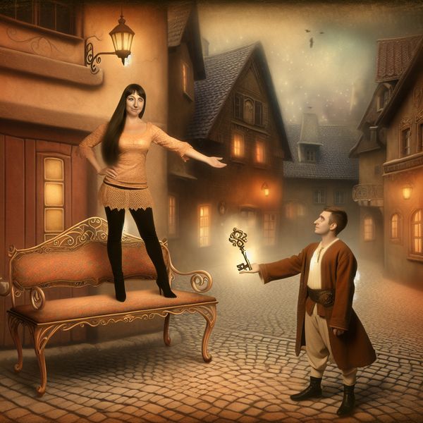 Vertrouwen en steun in een sprookjesachtige setting - Anton Pieck stijl Illustratie van een persoon die vertrouwt op hulp van een ander, symbolisch weergegeven door een zwevende bank en een gloeiende sleutel in een nostalgisch dorp
