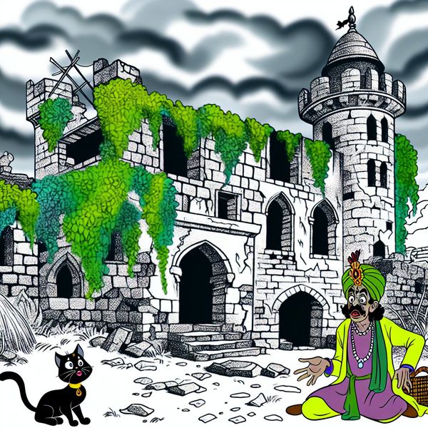 Vervallen Kasteel in Cartoonstijl met Huismeester en Kat Een cartoonachtige afbeelding van een vervallen kasteel, met een zorgelijke huismeester en een nieuwsgierige kat op de voorgrond.